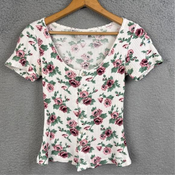 Y2K Vintage Bongo Blouse Floral Ribbed Knit Lace Neckline Button Front Size S - Picture 2 of 7